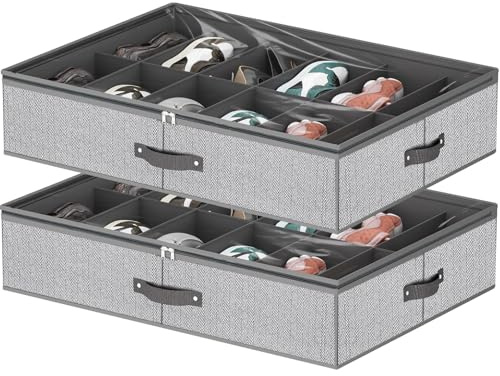 VERONLY Under Bed Shoe Storage Organiser for Closet Fits 24 Pairs-Sturdy Underbed Shoe Storage Box Bins,Set of 2 (Herringbone Grey
