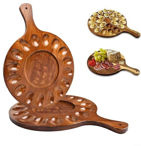 HpLive 1 plato de huevos de madera, soporte redondo para huevos con 16 agujeros, bandeja para huevos rellenos, bandeja para huevos con mango para cocina y celebraciones