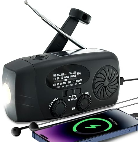 Radio Solar de Emergencia con manivela– Autónomo, manivela, Linterna LED, Am/FM meteorológico, SOS, Conector Auriculares, 2000 mAh y Carga de Emergencia para móviles.