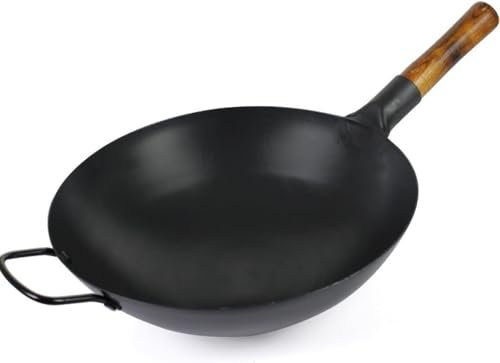SGKOMN Wok in Ferro Fatto a Mano, Padella Asiatica con Manico di Supporto, Wok Pow a Fondo Piatto, Padella in Ferro Vecchio Stile, Padella Antiaderente per fornello a Gas Domestico,(36cm)