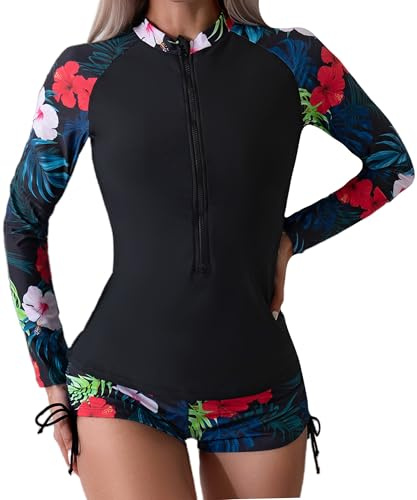 Maillot de Bain Rashguard Deux pièces pour Femme, Manches Longues, Protection UV, Zip Devant, Tenue de Surf avec Shorty