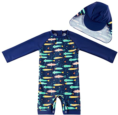 UMELOK Conjunto de Natación Bebé con Protección Solar Máxima UPF50+ - Diseño con Capucha, Mangas Largas y Material Transpirable 74/80 Pescado Azul