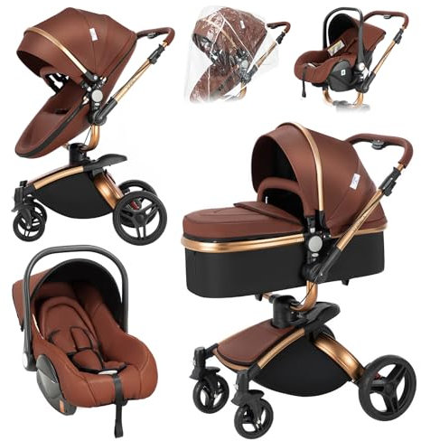 NADDLILY PU-Leder Kinderwagen 3 in 1, Buggy mit Verstellbarem Sitz Um 360° Drehbar, Kombikinderwagen Faltbarem Tragbarem One-Click-Design, Kinderwagen 3 in 1 Komplettset Hohe Landschaft (906 Brown)