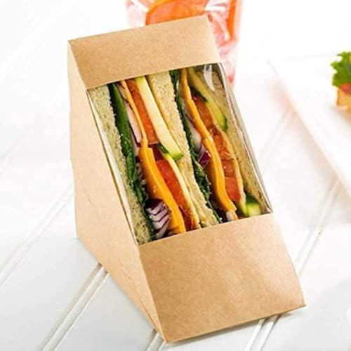 HOT BARGAINS Kraft Sandwich Wedges with Clear Window, 100 Pack, Brown, 125x75x125 mm, Disposable Food Packaging