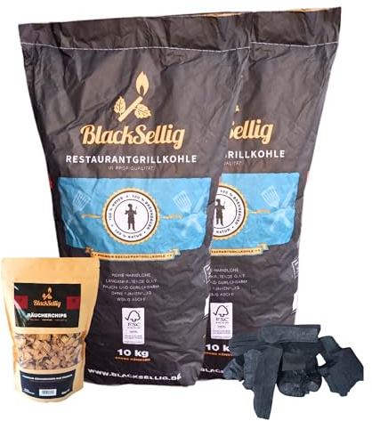 BlackSellig Restaurantgrillkohle – Profiqualität aus nachhaltiger Forstwirtschaft - FSC Zertifiziert (20kg + Smokerchips)