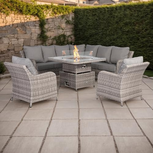Rattan park Sicily Range 8 Seater Rattan Garden Furniture Aluminium Round Corner Sofa Set with Fire Pit Rising Table in Grey Weave