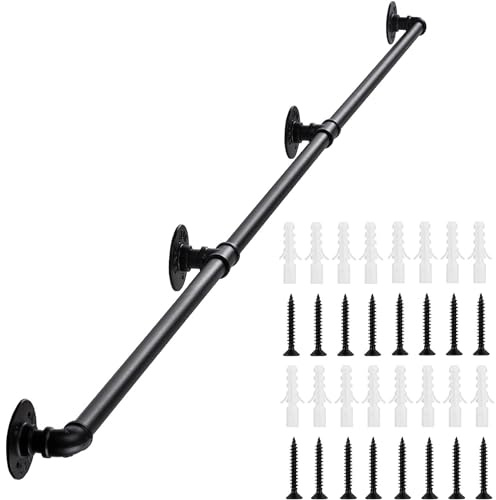 Industrial Pipe Scale ils - Corrimano a parete in ferro battuto nero per scale interne 3,7 m ringhiera in metallo e soluzione di sicurezza elegante