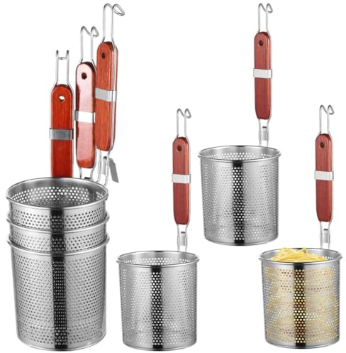Calolin 6 PCS Pasta Strainer Baskets, Stainless Steel Pasta Basket with Wood Handle, Food Draining Skimmer, Boiling Blanching Basket for Vegetables, Noodles, Dumplings