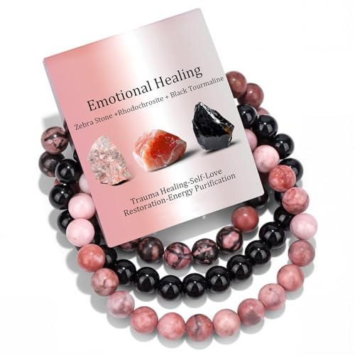 Huipalon 3 PCS Natural Stone Beaded Bracelets, Pink Black Emotional Healing Bracelets for Women, Zebra Stone Black Tourmaline Rhodochrosite Stretch Bracelet for Anxiety Relief Emotional Healing