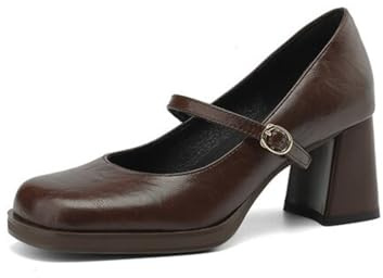 per Donna Vintage Mary Jane Décolleté Fibbia Dettaglio Tacchi A Blocco Punta Quadrata Classico retrò Ecopelle Tomaia Elegante Ufficio Scarpe da Festa,Marrone,40 EU