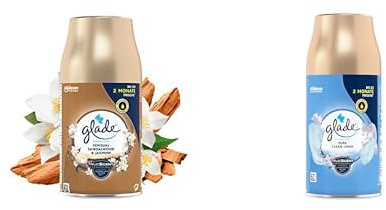 Glade (Brise) Automatic Spray Nachfüller Set für Lufterfrischer Gerät, Geruchsentferner & Duftspray für Zuhause, Sensual Sandalwood & Jasmine + Pure Clean Linen, 2 x 269 ml (Packung mit 2)