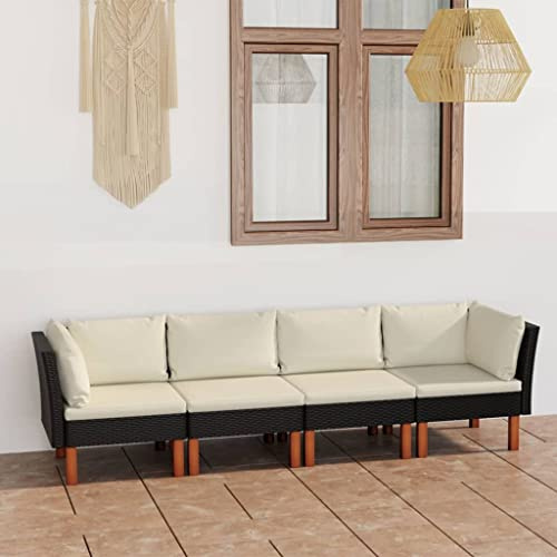 RMIHSJG 4-Sitzer-Gartensofa mit Kissen Schwarz Poly Rattan, Wetterbeständiges Lounge-Sofa mit Pulverbeschichtetem Stahlrahmen und PE-Rattan, Bequeme Polsterkissen mit Abnehmbarem