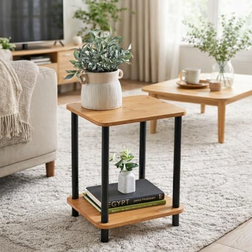 Homme Concept 2 Tier End Table with Storage, Side Table, Nightstand, Coffee Table for Living Room, Hallway, Bedroom, Home Office, Norsk Industrial Design, Bamboo