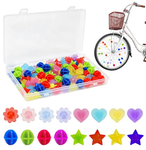 WPPQWP 100 Stück Speichenperlen Fahrrad Kinder – Bunte Fahrradspeichen Deko, Fahrrad Zubehör Kinder(Herzen, Sonnenblumen, Kugeln und Sternen)