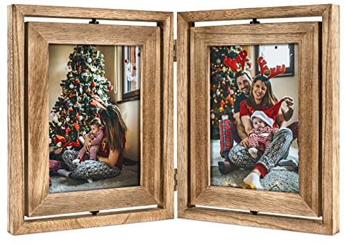 Emfogoo Bilderrahmen 13x18, Rustikal Holz 2 Falten Fotorahmen mit Doppelseitigem Display Drehbar Bilderrahmen Collage Vertikal auf der Tischplatte (Braun)