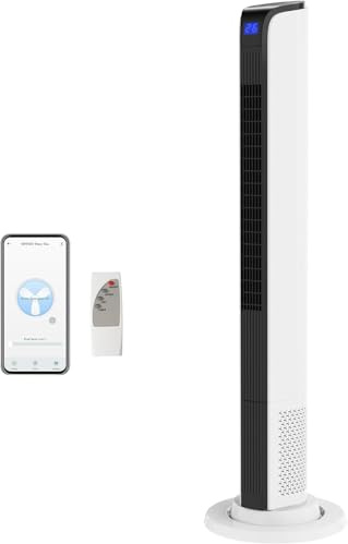 ROVSUN Ventilador de Torre Silencioso, Mando a Distancia + WiFi y App, 3 Velocidades y 3 Modos, Temporizador 1-12h y Programación Semanal, Oscilación 60°, Motor 65W, Negro y Blanco
