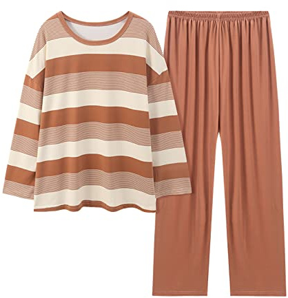 Nattkläder, damset, lång, bekväm hemmadräkt, 2 delar, stora storlekar | Tvådelade nattkläder med randiga pyjamasöverdel och enfärgade pyjamasbyxor, mode, hemmakläder, ledig vardagsklädsel