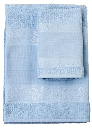 Filet - Set Serviettes avec Invité avec Insert en Toile Aida à Broder, Réalisé en Eponge de 100% Coton, Doux et Absorbant, Doux sur Peau, 100% Made in Italy, Teinte Unie, Couleur Ciel