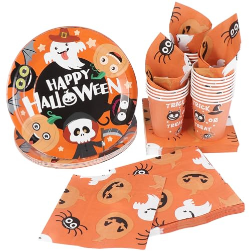 Hemoton Ensemble de vaisselle en papier pour Halloween Nightmare Party Fournitures avec 24 assiettes, 24 gobelets et 48 serviettes