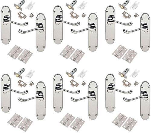 Golden Grace Epsom Scroll Door Handles, Polished Chrome, 168mm x 40mm | Complete set of 6 lever latch pairs includes 3-inch hinges, tubular latches and all fixing screws for a hassle-free install.