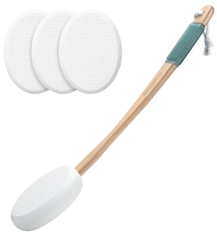 AmazerBath Lotion Applicator for Back, Feet, 4 Replacement Pads with 17 Curved Handle, Back Sunscreen Applicator for Kids, Elderly, Women, Apply Skin Cream Medicine Moisturizer Tanner, White