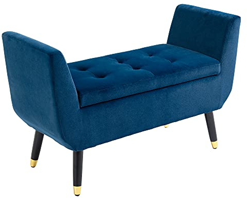 HOMCOM Sitzbank mit Stauraum Armlehnen Polsterbank mit Samtoptik, Sitztruhe mit Holzbeine, Truhenbank für Wohnzimmer Schlafzimmer Flur 107 x 42 x 65 cm, Blau