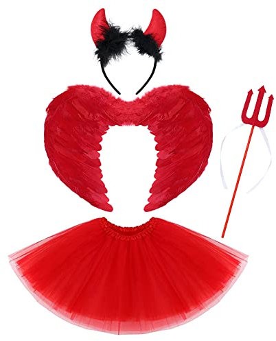 Kids Toddler Baby Girls Angel Devil Cupid Tulle Tutu Skirt+Angel Wings+Devil Horns+Magic Pitchfork Fairy Outfit Christmas Red Demon 4pcs 2-12 Years