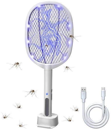 Lulu Home Raqueta eléctrica 2 en 1, matamoscas de Mano con luz LED de Alto Voltaje de 3000 V con Malla de Seguridad de 3 Capas, Carga USB, Raqueta portátil para Uso en Interiores y Exteriores