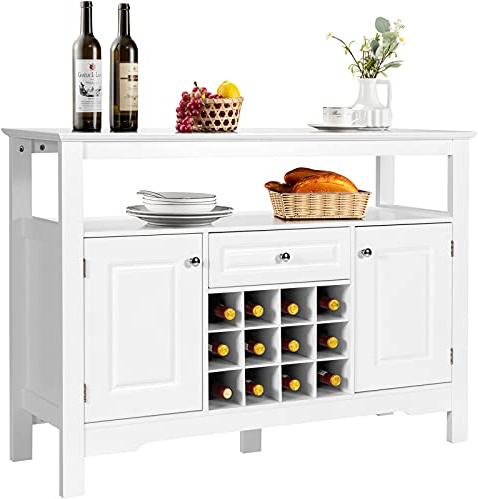 COSTWAY Credenza Moderna con Tanto Spazio, Credenza Cucina con Porta Bottiglie di Vino a Forma Incrociata, Mensola Aperta, 2 Armadietti e Cassetto, 117 x 40,5 x 82,5 cm (Bianco)