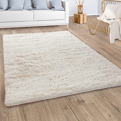 Paco Home Hochflor Teppich Wohnzimmer Schlafzimmer Shaggy Modern Fellteppich Flauschig rutschfest Fell Imitat Kunstfell Creme Beige, Grösse:120x170 cm