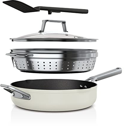 Ninja CW102WH Foodi NeverStick PossiblePan, Premium Set with 4-Quart Capacity Pan, Steamer/Strainer Basket, Glass Lid & Integrated Spatula, Nonstick, Durable & Oven Safe to 500°F, Vanilla Bean