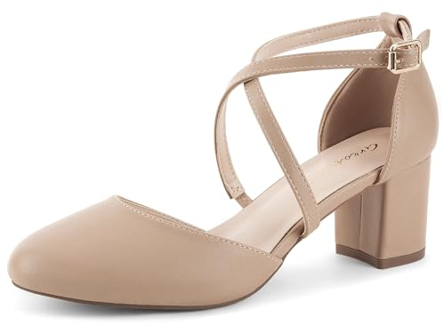 Greatonu Damen Pumps Riemchenpumps Spangenpumps Sandale mit Kreuz Knöchelriemen Blockabsatz Geschlossener Spitze Glitzer Pumps - Perfekt für Hochzeiten und Partys Beige 38 EU