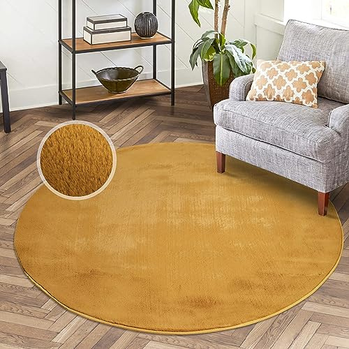 Hochflor Teppich Wohnzimmer - Einfarbig Amber, bernsteinfarbend - 160x160 cm Rund - Super Soft Polyester, Samtig-Flauschiger Flor - Fell-Teppiche für Schlafzimmer, Esszimmer, Arbeitszimmer