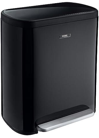 Cooks Professional Dual Recycle Bin 60L with Single Pedal | 2 x 30L Removable Compartments & Soft Close Lid | Double Section Stainless Steel Kitchen or Office Dustbin for Recycling or Waste | Black