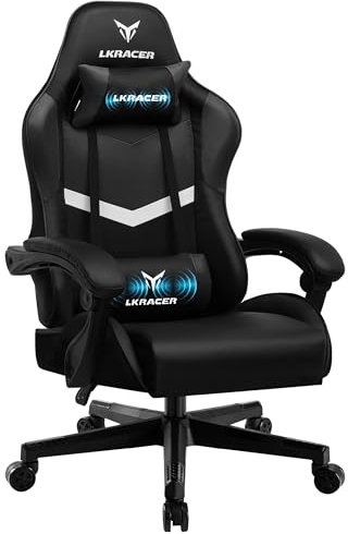 LUCKRACER Gaming Chair, Massage Ergonomic Computer Chair Lumbar Support High Back Height Adjustable Gaming Chair with 360°-Swivel Seat and Headrest for Home Office, Black