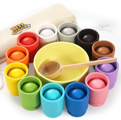 Biticolor Palla in Tazza Giocattolo montessoriano in Legno per Giochi Legno la la Selezione dei Colori dell'arcobaleno per i Bambini della Scuola Materna - 12 Palle da 40 mm