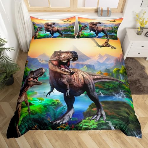 Homewish Kinder-Bettwäsche-Set, Dinosaurier-Bettwäsche, Super-King-Size-Bett, Cartoon-Dschungel, Dino-Bettbezug, 3D-Motiv mit alten Tieren, Dinosaurier, Raumdekoration für alle Jahreszeiten