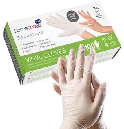 HOMESHOPA Disposable Vinyl Gloves, Clear 100Pcs X-Large Powder Free, Latex Free, Madical Grade Extra Strong And Non-Sterile, Protective Multi-Purpose Gloves for Household, Food Handling, Lab Work