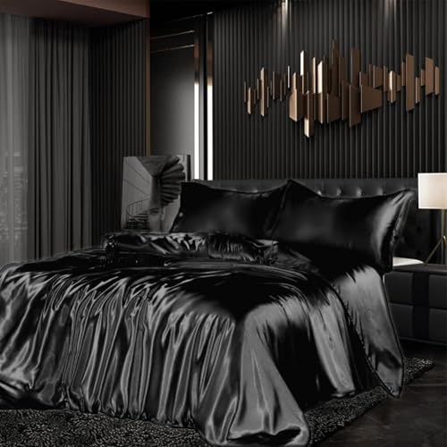 Bettwäsche Set Satin 155x220cm 3teilig Schwarz Silky Touch Glänzend Seide Einfarbig Bettbezug Set Glatt Luxus Schwarze Bettwäsche Set weicher Doppelbettmit Reissverschluss und Kissenbezüge 80x80cm