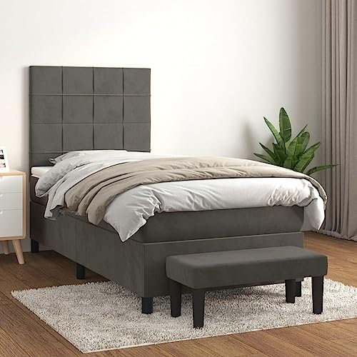 Homgoday Boxspringbett mit Matratze Polsterbett Doppelbett Einzelbett Bett mit Lattenrost & Bettbank Gästebett Bettgestell mit Kopfteil Block mit Quadraten Dunkelgrau 80x200 cm Samt