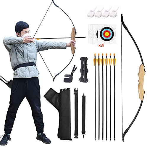 Runzkzy Recurve-Bogen und Pfeil-Set, Bogenschießen Recurve-Bögen für Erwachsene, Takedown Recurve-Bögen mit Köcher und Bogenschießen Ziele für Anfänger Outdoor-Schießen Praxis