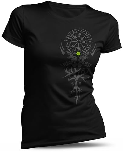 North Legendary - T-Shirt für Damen -Vegvisir Weltesche Weltenbaum - Brust Aufdruck, Viking Shirt, Wikinger, Walhalla, Geschenk für Frauen