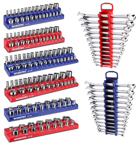 WORKPRO 8-Piece Magnetic Socket Organizer and Magnetic Wrench Organizer Set, Socket Holder Set 1/4, 3/8, 1/2 Drive Metric SAE Socket Storage, Metric SAE Wrench Holder(Socket, Wrench not Included)
