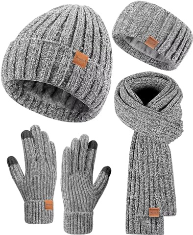 Women Beanie Scarf Gloves Headband Set for Winter, Chenille Beanie Hats Ear Warmer with Fleece Lined Knit Scarf Touchscreen Gloves, 4 in 1 Warm Xmas Gift Set Stocking Stuffers for Women-Light Gray