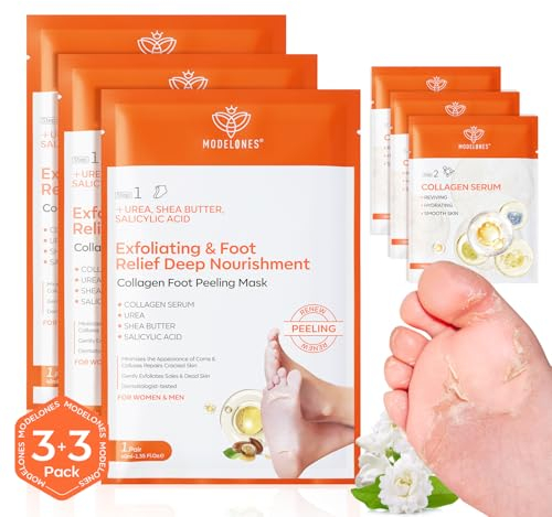 Modelones Hornhaut Entfernen Fußmaske - Premium Hornhaut Socken Fussmaske 3 Paar + 3 Pcs Kollagenserum für Weiche Füße, Fuß Foot Peel Mask Fußpeeling - Effektive Fußpflege Anti Hornhaut Socken
