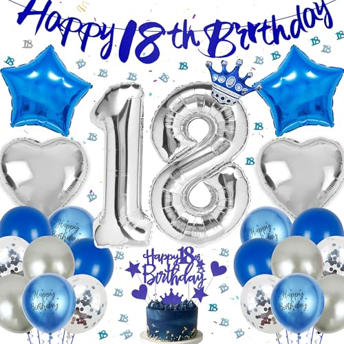 Deko 18. Geburtstag Blau Silber - 31 Stücke 18. Geburtstagsdeko Jungen Zahl Folienballon Happy 18th Birthday Banner Stern Herz Luftballons Konfetti Tortendeko für Junge Mädchen 18 Party Dekoration