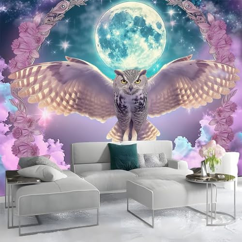 Fototapete 3D Vliestapete mit Eule Tier Mond Blumen Lila 250x175cm XXL Panorama Wandbild für Mädchen & Jungs Schlafzimmer | Wanddekoration mit 3D Effekt