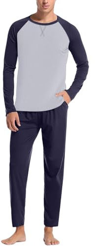 Cexiakong Pijama largo para hombre, de algodón, invierno, pijamas de dos piezas con camiseta de manga larga y pantalones de pijama, cuello redondo, manga larga, parte superior y pijamas a cuadros para