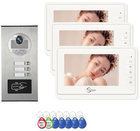 Wired Video Apartment Intercom System,6 Units 7 inch Monitor Video Door Phone Kit,Indoor Outdoor Video Doorbell, ID Card Unlock, 2 Way Audio, 6-Screen for Home Apartment (1 Doorbell+3 Monitor)