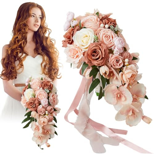 Bouquet de mariée - Fleurs séchées - Bouquets de mariage pour la mariée - Thème forêt - Fleurs de caramel artificielles en soie pour mariage - Bouquet de mariée artificiel